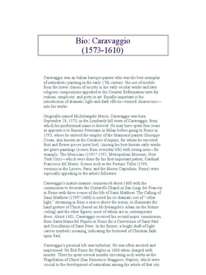 Caravaggio Biography - Facts, Childhood, Family Life & Achievements