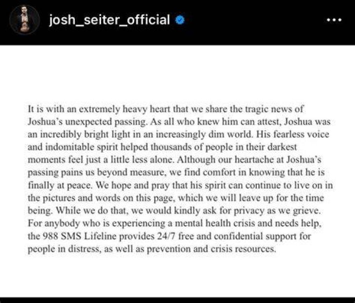Josh Seiter dies days after posting about depression and anxiety